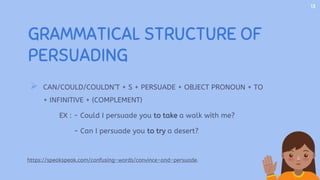 GRAMMATICAL STRUCTURE OF
PERSUADING
 CAN/COULD/COULDN’T + S + PERSUADE + OBJECT PRONOUN + TO
+ INFINITIVE + (COMPLEMENT)
EX : - Could I persuade you to take a walk with me?
- Can I persuade you to try a desert?
https://speakspeak.com/confusing-words/convince-and-persuade.
13
 