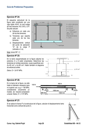 Guía de Problemas Propuestos
Curso: Ing. Gabriel Pujol hoja 28 Estabilidad IIB – 64.12
Ejercicio Nº 24:
El esquema estructural de la
figura está constituido por una
viga rígida A-B-C, la cual cuelga
de tres tensores A-D, B-E y C-F.
Se pide calcular:
a) Esfuerzos en cada uno
de los tres tensores.
b) Tensiones que soporta
cada uno de los tres
tensores.
c) Desplazamiento vertical
del punto de aplicación
“G” de la carga P
(ubicada a ½ a).
Nota: tomar NP = 3
Ejercicio Nº 25:
En la barra esquematizada en la figura adjunta los
extremos A y D están empotrados. Determinar las
tensiones en ambas secciones, cuyas superficies son:
Aa=40 cm2 y Ab=80 cm2. Hallar también el diagrama
de esfuerzos axiles.
Datos: E = 2x105 MPa.
Ejercicio Nº 26:
En la barra de la figura, se pide
hallar el diámetro necesario para
no superar una ADM = 180 MPa,
considerando únicamente un
modelo de tracción-compresión
uniaxial. Datos: E = 2·105 MPa.
Ejercicio Nº 27:
Si se aplica la fuerza P a la estructura de la figura, calcular el desplazamiento tanto
horizontal como vertical del punto C.
 