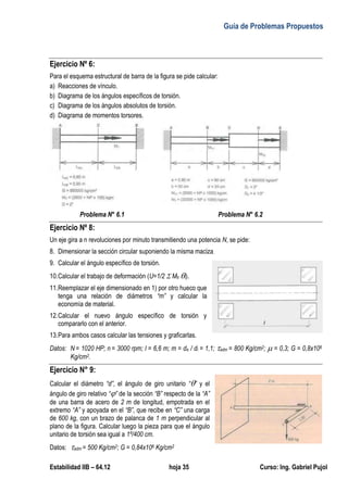 Guía de Problemas Propuestos
Estabilidad IIB – 64.12 hoja 35 Curso: Ing. Gabriel Pujol
Ejercicio Nº 6:
Para el esquema estructural de barra de la figura se pide calcular:
a) Reacciones de vínculo.
b) Diagrama de los ángulos específicos de torsión.
c) Diagrama de los ángulos absolutos de torsión.
d) Diagrama de momentos torsores.
Problema N° 6.1 Problema N° 6.2
Ejercicio Nº 8:
Un eje gira a n revoluciones por minuto transmitiendo una potencia N, se pide:
8. Dimensionar la sección circular suponiendo la misma maciza.
9. Calcular el ángulo específico de torsión.
10.Calcular el trabajo de deformación (U=1/2  Mti i).
11.Reemplazar el eje dimensionado en 1) por otro hueco que
tenga una relación de diámetros “m” y calcular la
economía de material.
12.Calcular el nuevo ángulo específico de torsión y
compararlo con el anterior.
13.Para ambos casos calcular las tensiones y graficarlas.
Datos: N = 1020 HP; n = 3000 rpm; l = 6,6 m; m = de / di = 1,1; adm = 800 Kg/cm2;  = 0,3; G = 0,8x106
Kg/cm2.
Ejercicio N° 9:
Calcular el diámetro “d”, el ángulo de giro unitario “” y el
ángulo de giro relativo “” de la sección “B” respecto de la “A”
de una barra de acero de 2 m de longitud, empotrada en el
extremo “A” y apoyada en el “B”, que recibe en “C” una carga
de 600 kg, con un brazo de palanca de 1 m perpendicular al
plano de la figura. Calcular luego la pieza para que el ángulo
unitario de torsión sea igual a 1º/400 cm.
Datos: adm = 500 Kg/cm2; G = 0,84x106 Kg/cm2
 