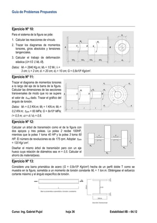 Guía de Problemas Propuestos
Curso: Ing. Gabriel Pujol hoja 36 Estabilidad IIB – 64.12
Ejercicio Nº 10:
Para el sistema de la figura se pide:
1. Calcular las reacciones de vínculo.
2. Trazar los diagramas de momentos
torsores, giros absolutos y tensiones
tangenciales.
3. Calcular el trabajo de deformación
elástica (U=1/2  Mti i).
Datos: M1 = 2840 Kg.m; M2 = 1/2 M1; l1 =
3 cm; l2 = 2 cm; d1 = 20 cm; d2 = 10 cm; G = 0,8x106 Kg/cm2.
Ejercicio Nº 11:
Trazar el diagrama de momentos torsores
a lo largo del eje de la barra de la figura.
Calcular las dimensiones de las secciones
transversales de modo que no se supere
el valor de max dado. Trazar el gráfico del
ángulo de torsión.
Datos: M1 = 0,3 KN.m; M2 = 1 KN.m; M3 =
0,2 KN.m; adm = 60 MPa; G = 8x104 MPa;
l= 0,5 m;  = d / d2 = 0,6.
Ejercicio Nº 12:
Calcular un árbol de transmisión como el de la figura con
dos apoyos y tres poleas. La polea 2 recibe 100HP,
mientras que la polea 1 toma 40 HP y la polea 3 toma 60
HP. El número de revoluciones es de 175 rpm. Adoptar adm
= 120 Kg/ cm2.
Diseñar el mismo árbol de transmisión pero con un eje
hueco cuya relación de diámetros sea m = 0,5. Calcular el
ahorro de material/peso.
Ejercicio Nº 13:
Considere una barra prismática de acero (G = 0,8x106 Kg/cm2) hecha de un perfil doble T como se
muestra en la figura, sometida a un momento de torsión constante Mx = 1 ton.m. Obténgase el esfuerzo
cortante máximo y el ángulo específico de torsión.
 