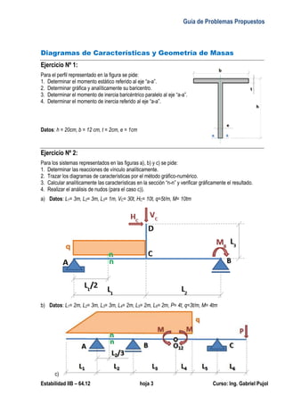 Guía de Problemas Propuestos
Estabilidad IIB – 64.12 hoja 3 Curso: Ing. Gabriel Pujol
Diagramas de Características y Geometría de Masas
Ejercicio Nº 1:
Para el perfil representado en la figura se pide:
1. Determinar el momento estático referido al eje “a-a”.
2. Determinar gráfica y analíticamente su baricentro.
3. Determinar el momento de inercia baricéntrico paralelo al eje “a-a”.
4. Determinar el momento de inercia referido al eje “a-a”.
Datos: h = 20cm, b = 12 cm, t = 2cm, e = 1cm
Ejercicio Nº 2:
Para los sistemas representados en las figuras a), b) y c) se pide:
1. Determinar las reacciones de vínculo analíticamente.
2. Trazar los diagramas de características por el método gráfico-numérico.
3. Calcular analíticamente las características en la sección “n-n” y verificar gráficamente el resultado.
4. Realizar el análisis de nudos (para el caso c)).
a) Datos: L1= 3m, L2= 3m, L3= 1m, VC= 30t, HC= 10t, q=5t/m, M= 10tm
b) Datos: L1= 2m, L2= 3m, L3= 3m, L4= 2m, L5= 2m, L6= 2m, P= 4t, q=3t/m, M= 4tm
c)
 