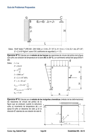 Guía de Problemas Propuestos
Curso: Ing. Gabriel Pujol hoja 84 Estabilidad IIB – 64.12
Datos: Perfil “doble T” (IPB 450 - DIN 1026); q = 3 t/m;  = 10-2 m, H = 4 m; L = 3 m; EJ = cte; ΔT= 25°;
E = 2,1x106 Kg/cm2; acero F24; coeficiente de seguridad ( = 1.7).
Ejercicio Nº 5: Calcular por el método de las fuerzas las reacciones de vínculo del pórtico de la figura
que sufre una variación de temperatura en la barra BC de 30 °C y un corrimiento vertical del apoyo D de 1
cm.
Datos:
Ejercicio Nº 6: Calcular por el método de las incógnitas cinemáticas (método de las deformaciones)
las reacciones de vínculo del pórtico de la
figura que se producen cuando la estructura
sufre un incremento de temperatura t, y el
apoyo C sufre un descenso de valor  en la
dirección C’ además de una rotación de valor .
cm
C
T
C
cm
A
F
MPa
E
cm
I
m
kN
q
kN
P
m
l
D
BC
acero
1
º
30
º
1
10
15
42
10
1
.
2
1000
3
10
1
inferior
Cara
6
2
5
4

















 