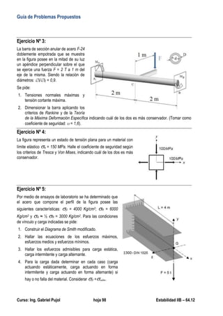 Guía de Problemas Propuestos
Curso: Ing. Gabriel Pujol hoja 98 Estabilidad IIB – 64.12
Ejercicio Nº 3:
La barra de sección anular de acero F-24
doblemente empotrada que se muestra
en la figura posee en la mitad de su luz
un apéndice perpendicular sobre el que
se ejerce una fuerza F = 2 T a 1 m del
eje de la misma. Siendo la relación de
diámetros: I/E = 0,9.
Se pide:
1. Tensiones normales máximas y
tensión cortante máxima.
2. Dimensionar la barra aplicando los
criterios de Rankine y de la Teoría
de la Máxima Deformación Específica indicando cuál de los dos es más conservador. (Tomar como
coeficiente de seguridad:  = 1,6).
Ejercicio Nº 4:
La figura representa un estado de tensión plana para un material con
límite elástico e = 150 MPa. Halle el coeficiente de seguridad según
los criterios de Tresca y Von Mises, indicando cuál de los dos es más
conservador.
Ejercicio Nº 5:
Por medio de ensayos de laboratorio se ha determinado que
el acero que compone el perfil de la figura posee las
siguientes características: fl = 4000 Kg/cm2; R = 6000
Kg/cm2 y A ≈ ½ R = 3000 Kg/cm2. Para las condiciones
de vínculo y carga indicadas se pide:
1. Construir el Diagrama de Smith modificado.
2. Hallar las ecuaciones de los esfuerzos máximos,
esfuerzos medios y esfuerzos mínimos.
3. Hallar los esfuerzos admisibles para carga estática,
carga intermitente y carga alternante.
4. Para la carga dada determinar en cada caso (carga
actuando estáticamente, carga actuando en forma
intermitente y carga actuando en forma alternante) si
hay o no falla del material. Considerar fl =adm.
 