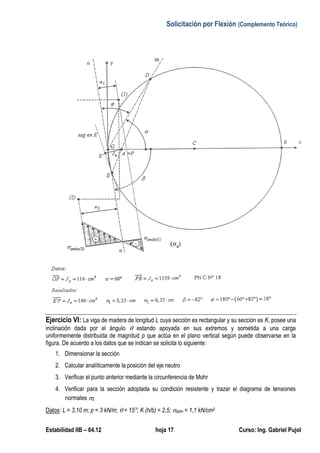 Solicitación por Flexión (Complemento Teórico)
Estabilidad IIB – 64.12 hoja 17 Curso: Ing. Gabriel Pujol
 - -81°41’ -82°
Ejercicio VI: La viga de madera de longitud L cuya sección es rectangular y su sección es K, posee una
inclinación dada por el ángulo  estando apoyada en sus extremos y sometida a una carga
uniformemente distribuida de magnitud p que actúa en el plano vertical según puede observarse en la
figura. De acuerdo a los datos que se indican se solicita lo siguiente:
1. Dimensionar la sección
2. Calcular analíticamente la posición del eje neutro
3. Verificar el punto anterior mediante la circunferencia de Mohr
4. Verificar para la sección adoptada su condición resistente y trazar el diagrama de tensiones
normales Z
 