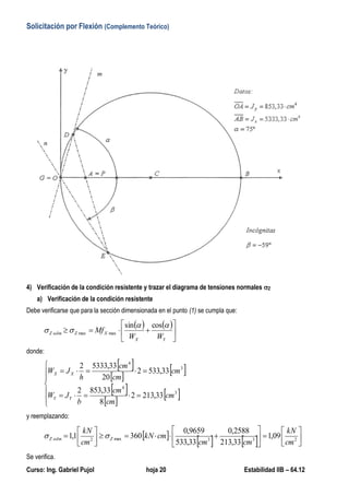 Solicitación por Flexión (Complemento Teórico)
Curso: Ing. Gabriel Pujol hoja 20 Estabilidad IIB – 64.12
4) Verificación de la condición resistente y trazar el diagrama de tensiones normales Z
a) Verificación de la condición resistente
Debe verificarse que para la sección dimensionada en el punto (1) se cumpla que:
   







YX
XZadmZ
WW
Mf


cossin
maxmax
donde:
 
 
 
 
 
 








3
4
3
4
33,2132
8
33,8532
33,5332
20
33,53332
cm
cm
cm
b
JW
cm
cm
cm
h
JW
YY
XX
y reemplazando:
 
    













 233max2
09,1
33,213
2588,0
33,533
9659,0
3601,1
cm
kN
cmcm
cmkN
cm
kN
ZadmZ 
Se verifica.
 