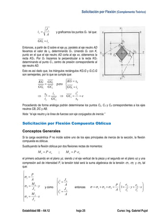 Solicitación por Flexión (Complemento Teórico)
Estabilidad IIB – 64.12 hoja 25 Curso: Ing. Gabriel Pujol
A
J
i
y
y  y graficamos los puntos G1 tal que:
yiGG 1
Entonces, a partir de G sobre el eje yy, paralelo al eje neutro AD
llevamos el valor de iy, determinando G1. Uniendo G1 con K,
punto en el que el eje neutro AD corta al eje xx, obtenemos la
recta KG1. Por G1 trazamos la perpendicular a la recta KG1
determinando el punto C1, centro de presión correspondiente al
eje neutro AD.
Esto es así dado que, los triángulos rectángulos KG1G y G1C1G
son semejantes, por lo que se cumple que:
e
x
i
GC
GC
i
i
x
iGG
xKG
GC
GG
GG
KG
yy
y
y








0
2
1
1
0
1
0
1
1
1
pero
Procediendo de forma análoga podrán determinarse los puntos C2, C3 y C4 correspondientes a los ejes
neutros CB, DC y AB.
Nota: “el eje neutro y la línea de fuerzas son eje conjugados de inercia.”
Solicitación por Flexión Compuesta Oblicua
Conceptos Generales
Si la carga excéntrica P no incide sobre uno de los ejes principales de inercia de la sección, la flexión
compuesta es oblicua.
Sustituyendo la flexión oblicua por dos flexiones rectas de momentos:
yyxx ePMePM  ;
el primero actuando en el plano yz, siendo z el eje vertical de la pieza y el segundo en el plano xz y una
compresión axil de intensidad P, la tensión total será la suma algebraica de la tensión 1, 2 y 3, tal
que:













x
J
M
y
J
M
A
P
y
y
x
x
3
2
1



y como








A
J
i
A
J
i
y
y
x
x
2
2
entonces 







 x
i
e
y
i
e
A
P
y
x
x
y
22321 1
 