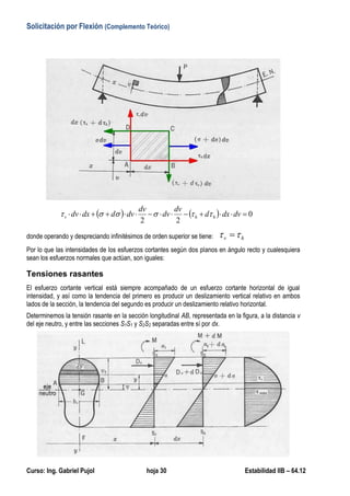 Solicitación por Flexión (Complemento Teórico)
Curso: Ing. Gabriel Pujol hoja 30 Estabilidad IIB – 64.12
    0
22
 dvdxd
dv
dv
dv
dvddxdv hhv 
donde operando y despreciando infinitésimos de orden superior se tiene: hv  
Por lo que las intensidades de los esfuerzos cortantes según dos planos en ángulo recto y cualesquiera
sean los esfuerzos normales que actúan, son iguales:
Tensiones rasantes
El esfuerzo cortante vertical está siempre acompañado de un esfuerzo cortante horizontal de igual
intensidad, y así como la tendencia del primero es producir un deslizamiento vertical relativo en ambos
lados de la sección, la tendencia del segundo es producir un deslizamiento relativo horizontal.
Determinemos la tensión rasante en la sección longitudinal AB, representada en la figura, a la distancia v
del eje neutro, y entre las secciones S1S1 y S2S2 separadas entre sí por dx.
 