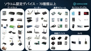 ソラコム認定デバイス – 70種類以上
ゲートウェイ ルーター 通信モジュール モバイル/ドングル
車載デバイス カメラ
 