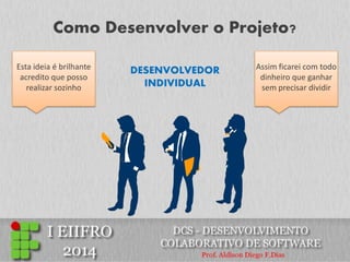 Como Desenvolver o Projeto? 
Esta ideia é brilhante acredito que posso realizar sozinho 
Assim ficarei com todo dinheiro que ganhar sem precisar dividir 
DESENVOLVEDOR INDIVIDUAL  
