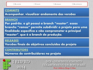 RELEASES Versões finais de objetivos concluídos do projeto 
COMMITS Acompanhar, visualizar andamento das versões 
BRANCH Por padrão, o git possui a branch “master”, essas branchs “ramas” permite subdividir o projeto para uma finalidade específica e não comprometer a principal “master”, que é a branch de produção. 
CONTRIBUTORS Números de contribuidores no projeto  