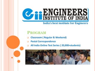 PROGRAM
 Classroom ( Regular & Weekend)
 Postal Correspondence
 All India Online Test Series ( 20,000+students)
 