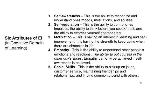 Six Attributes of EI
(in Cognitive Domain
of Learning)
1. Self-awareness – This is the ability to recognize and
understand ones moods, motivations, and abilities.
2. Self-regulation – This is the ability to control ones
impulses, the ability to think before you speak/react, and
the ability to express yourself appropriately.
3. Motivation – This is having an interest in learning and self-
improvement. It is having the strength to keep going when
there are obstacles in life.
4. Empathy - This is the ability to understand other people’s
emotions and reactions. The ability to put yourself in the
other guy’s shoes. Empathy can only be achieved if self-
awareness is achieved.
5. Social Skills - This is the ability to pick up on jokes,
customer service, maintaining friendships and
relationships, and finding common ground with others.
19
 