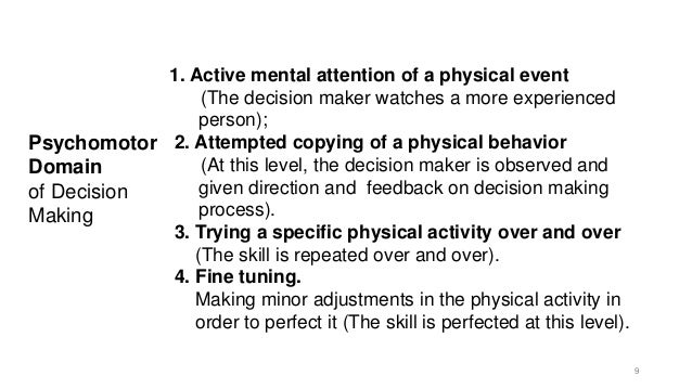 Psychomotor
Domain
of Decision
Making
1. Active mental attention of a physical event
(The decision maker watches a more experienced
person);
2. Attempted copying of a physical behavior
(At this level, the decision maker is observed and
given direction and feedback on decision making
process).
3. Trying a specific physical activity over and over
(The skill is repeated over and over).
4. Fine tuning.
Making minor adjustments in the physical activity in
order to perfect it (The skill is perfected at this level).
9
 