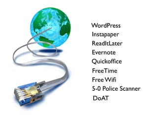 WordPress
Instapaper
ReadItLater
Evernote
Quickofﬁce
FreeTime
Free Wiﬁ
5-0 Police Scanner
 DoAT
 