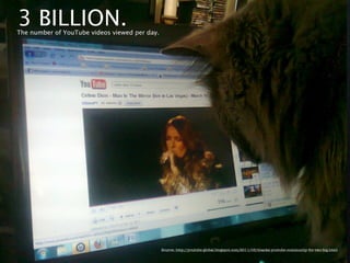 3 BILLION.
The number of YouTube videos viewed per day.




                                               Source: http://youtube-global.blogspot.com/2011/05/thanks-youtube-community-for-two-big.html
 
