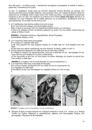 13
Στον ίδιο χώρο — σε άλλες γωνιές — δουλεύονται ταυτόχρονα η ζωγραφική, το κολλάζ, ο πηλός, η
χαρακτική, οι κατασκευές στο χώρο.
Σε λίγο, το περιβάλλον γεμίζει έργα και αποτελεί σημαντικό κίνητρο δουλειάς και κριτικής. (Για
πάγκους-τραπέζια έχουμε μεγάλα νοβοπάν, ακουμπισμένα πάνω στα υπάρχοντα θρανία). Μετά την
εξοικείωση με τα διάφορα υλικά κι αφού γίνουν από παιδιά ερωτήσεις, που χρειάζονται μεγαλύτερη
συζήτηση με όλη την τάξη, τότε αρχίζουν να μπαίνουν στον πίνακα σειρές από έργα σχετικά με το
πρόβλημα που μας απασχολεί και τα παιδιά καλούνται να τις αναλύσουν, βοηθούμενα από ένα
ερωτηματολόγιο, που μπορεί να είναι κάπως έτσι:
1. α) Τι αισθάνεσαι όταν βλέπεις καθένα από αυτά τα έργα.
β) Σε ποιο από αυτά υπάρχει εντονότερη δράση-κίνηση.
Βάλε τα έργα σε μια σειρά, από την περισσότερη δράση-κίνηση ως τη λιγότερη.
γ) Κάνε ένα πρόχειρο σκίτσο (τις βασικές γραμμές) του έργου που σου αρέσει περισσότερο και
γράψε αν θέλεις το γιατί.
ΕΙΚΟΝΑ 1. (Ποσειδών-Απόλλων, Σφραγιδόλιθος, Σκηνή Πυγμαχίας,
Κυανοπίθηκοι Θήρας), ή έτσι:
2. α) Τι παριστάνει κάθε εικόνα (περιγραφή)
β) Τι νομίζεις ότι εκφράζει κάθε έργο
γ) Με ποια χρώματα και ποια σχήματα νομίζεις ότι το κάθε έργο απ’ αυτά εκφράζει αυτό που
θέλει.
δ) Ποιο έργο σου αρέσει περισσότερο και ποιο λιγότερο. Αν θέλεις, γράψε το γιατί. ή
3. α) Ποια χρώματα κυριαρχούν στο κάθε έργο και για ποιο λόγο νομίζεις;
β) Υπάρχουν αλλαγές της πραγματικότητας, όπως θα τη βλέπαμε σε μια φωτογραφία; Αν ναι,
ποιες είναι και γιατί νομίζεις ότι τις έκανε ο καλλιτέχνης;
γ) Που πρωτοπάει το μάτι σου, σε ποιο σημείο του έργου; Διάγραψε την πορεία του ματιού σου,
όταν κοιτάζει το κάθε έργο.
ΕΙΚΟΝΑ 2. (7 κεφάλια, από τα οποία διάλεξαν τα 3 για να αναλύσουν). ή
4. α) Τι παριστάνει κάθε έργο (περιγραφή λεπτομερής)
β) Τι μήνυμα περνάει, ανεξάρτητα από την εποχή του και την τεχνοτροπία του;
γ) Τι κυριαρχεί στο κάθε έργο
δ) Θα ήθελες να ζεις στην ατμόσφαιρα που εκφράζει κάποιο απ’ αυτά τα έργα;
ή
ΕΙΚΟΝΑ 2. (7 κεφάλια, από τα οποία διάλεξαν τα 3 για να αναλύσουν).
5. Μπορείς να βρεις τα κοινά στοιχεία που υπάρχουν ανάμεσα σ’ αυτές τις 4 εικόνες; (π.χ. Άποψη
Τολέδο του Γκρέκο, Θάλασσα με κοραλλιογενείς υφάλους από φωτογραφία, Έρημος από
φωτογραφία, Πέτρωμα από φωτογραφία).
 