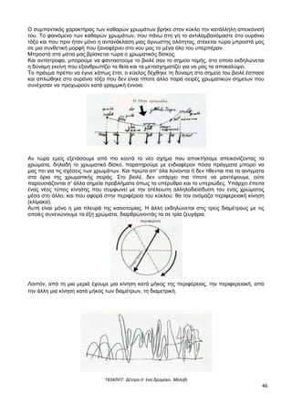 46
Ο συμπαντικός χαρακτήρας των καθαρών χρωμάτων βρήκε στον κύκλο την κατάλληλη απεικόνισή
του. Το φαινόμενο των καθαρών χρωμάτων, που πάνω στη γη το αντιλαμβανόμαστε στο ουράνιο
τόξο και που πριν ήταν μόνο η αντανάκλαση μιας άγνωστης ολότητας, στέκεται τώρα μπροστά μας
σε μια συνθετική μορφή που ξαναφέρνει στο νου μας το μέγα όλο του υπερπέραν.
Μπροστά στα μάτια μας βρίσκεται τώρα ο χρωματικός δίσκος.
Και αντίστροφα, μπορούμε να φανταστούμε το βιολέ σαν το σημείο τομής, στο οποίο εκδηλώνεται
η δύναμη εκείνη που εξανθρωπίζει τα θεία και τα μετασχηματίζει για να μας τα αποκαλύψει.
Το πράγμα πρέπει να έγινε κάπως έτσι: ο κύκλος δέχθηκε τη δύναμη στο σημείο του βιολέ έσπασε
και απλώθηκε στο ουράνιο τόξο που δεν είναι τίποτε άλλο παρά σειρές χρωματικών σημείων που
συνέχισαν να προχωρούν κατά γραμμική έννοια.
Αν τώρα εμείς εξετάσουμε από πιο κοντά το νέο σχήμα που αποκτήσαμε απεικονίζοντας τα
χρώματα, δηλαδή το χρωματικό δίσκο, παρατηρούμε με ενδιαφέρον πόσα πράγματα μπορεί να
μας πει για τις σχέσεις των χρωμάτων. Και πρώτα απ’ όλα λύνονται ή δεν τίθενται πια τα αινίγματα
στα όρια της χρωματικής σειράς. Στο βιολέ, δεν υπάρχει πια τίποτε να μαντέψουμε, ούτε
παρουσιάζονται σ’ άλλα σημεία προβλήματα όπως το υπέρυθρο και το υπεριώδες. Υπάρχει έπειτα
ένας νέος τύπος κίνησης που συμφωνεί με την ατέλειωτη αλληλοδιείσδυση του ενός χρώματος
μέσα στο άλλο, και που αφορά στην περιφέρεια του κύκλου: θα τον ονόμαζα περιφερειακή κίνηση
(κλίμακα).
Αυτή είναι μόνο η μια πλευρά της καινοτομίας. Η άλλη εκδηλώνεται στις τρεις διαμέτρους με τις
οποίες συνενώνουμε τα έξη χρώματα, διαρθρώνοντάς τα σε τρία ζευγάρια.
Λοιπόν, από τη μια μεριά έχουμε μια κίνηση κατά μήκος της περιφέρειας, την περιφερειακή, από
την άλλη μια κίνηση κατά μήκος των διαμέτρων, τη διαμετρική.
1934/ΝΊ7: Δέντρα σ’ ένα δρομάκο. Μολύβι
 