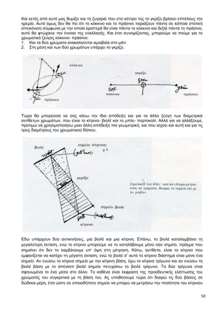 50
Και εκτός από αυτό μας θυμίζει και τη ζυγαριά που στο κέντρο της το γκρίζο βρίσκει επιτέλους την
ηρεμία. Αυτό όμως δεν θα πει ότι το κόκκινο και το πράσινο ταιριάζουν πάντα σε κάποια στατική
απεικόνιση σύμφωνα με την οποία αριστερά θα είναι πάντα το κόκκινο και δεξιά πάντα το πράσινο,
αυτό θα φτώχαινε την έννοια της εναλλαγής. Και έτσι συνοψίζοντας, μπορούμε να πούμε για το
χρωματικό ζεύγος κόκκινο- πράσινο:
1. Και τα δύο χρώματα ανακαλούνται αμοιβαία στο μάτι
2. Στη μέση και των δύο χρωμάτων υπάρχει το γκρίζο.
Τώρα θα μπορούσα να σας κάνω την ίδια απόδειξη και για τα άλλα ζεύγη των διαμετρικά
αντίθετων χρωμάτων, που είναι το κίτρινο- βιολέ και το μπλε- πορτοκαλί. Αλλά για να αλλάξουμε,
προτιμώ να χρησιμοποιήσω μιαν άλλη απόδειξη πιο γεωμετρική, και που ισχύει και αυτή και για τις
τρεις διαμέτρους του χρωματικού δίσκου.
Εδώ υπάρχουν δύο αντικινήσεις, μια βιολέ και μια κίτρινη. Επάνω, το βιολέ καταλαμβάνει τη
μεγαλύτερη έκταση, ενώ το κίτρινο μπορούμε να το καταλάβουμε μόνο σαν σημείο, πράγμα που
σημαίνει ότι δεν το λαμβάνουμε υπ’ όψη στη μέτρηση. Κάτω, αντίθετα, είναι το κίτρινο που
εμφανίζεται να κατέχει τη μέγιστη έκταση, ενώ το βιολέ σ’ αυτό το κίτρινο διάστημα είναι μόνο ένα
σημείο. Αν ενώσω το κίτρινο σημείο με την κίτρινη βάση, έχω το κίτρινο τρίγωνο και αν ενώσω τη
βιολέ βάση με το απέναντι βιολέ σημείο πετυχαίνω το βιολέ τρίγωνο. Τα δύο τρίγωνα είναι
σφηνωμένα το ένα μέσα στο άλλο. Το καθένα είναι έκφραση της προοδευτικής ελάττωσης του
χρώματός του συγκριτικά με τη βάση του. Ας υποθέσουμε τώρα ότι διαιρώ τις δύο βάσεις σε
δώδεκα μέρη, έτσι ώστε σε οποιοδήποτε σημείο να μπορώ να μετρήσω την ποσότητα του κίτρινου
 