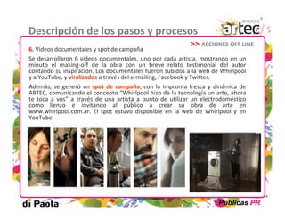 Descripción de los pasos y procesos
                                                               >> ACCIONES OFF LINE
6. Videos documentales y spot de campaña
Se desarrollaron 6 videos documentales, uno por cada artista, mostrando en un
minuto el making-off de la obra con un breve relato testimonial del autor
contando su inspiración. Los documentales fueron subidos a la web de Whirlpool
y a YouTube, y viralizados a través del e-mailing, Facebook y Twitter.
Además, se generó un spot de campaña, con la impronta fresca y dinámica de
ARTEC, comunicando el concepto “Whirlpool hizo de la tecnología un arte, ahora
te toca a vos” a través de una artista a punto de utilizar un electrodoméstico
como lienzo e invitando al público a crear su obra de arte en
www.whirlpool.com.ar. El spot estuvo disponible en la web de Whirlpool y en
YouTube.




                                                                     Públicas PR
 