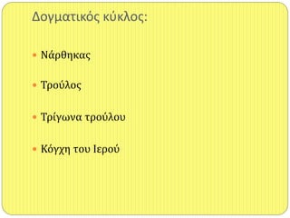 Δογματικόσ κφκλοσ:
 Νάρθηκασ
 Τρούλοσ
 Τρίγωνα τρούλου
 Κόγχη του Ιερού
 