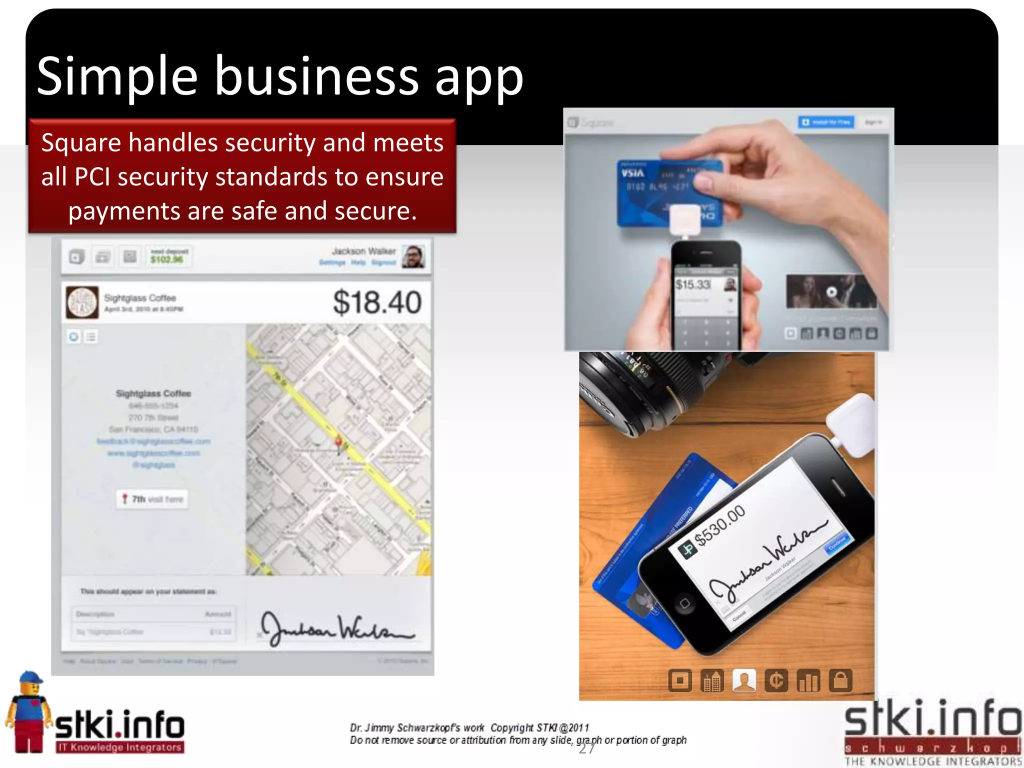 Simple business app
Square handles security and meets
all PCI security standards to ensure
   payments are safe and secure.




                                       `




                                           27
 