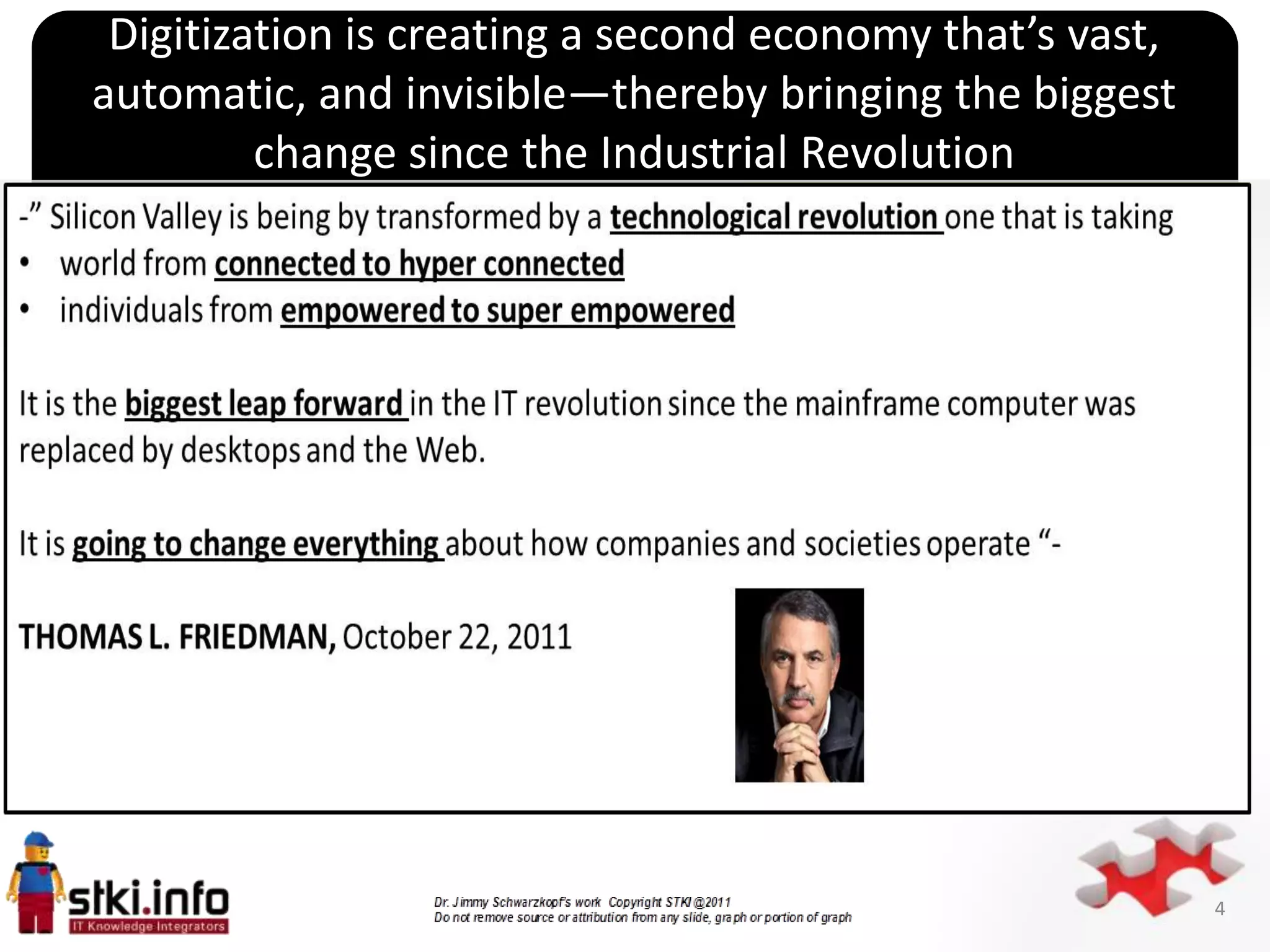 Digitization is creating a second economy that’s vast,
automatic, and invisible—thereby bringing the biggest
         change since the Industrial Revolution




                    Nicolaus Copernicus
                             `
                           1514




                                                          4
 