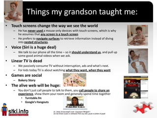 Things my grandson taught me:
• Touch screens change the way we see the world
    – He has never used a mouse only devices...