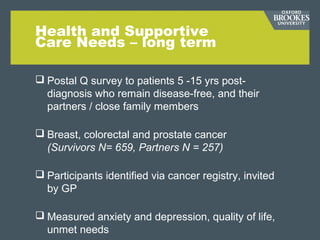 Health and Supportive
Care Needs – long term
 Postal Q survey to patients 5 -15 yrs post-
diagnosis who remain disease-free, and their
partners / close family members
 Breast, colorectal and prostate cancer
(Survivors N= 659, Partners N = 257)
 Participants identified via cancer registry, invited
by GP
 Measured anxiety and depression, quality of life,
unmet needs
 