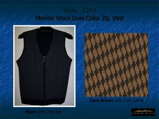 Style:  2214 Merino Wool Duel Color Zip Vest Black  with Charcoal Dark Brown  with Dark Camel 