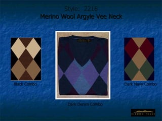 Style:  2216 Merino Wool Argyle Vee Neck Black Combo Dark Denim Combo Dark Navy Combo 