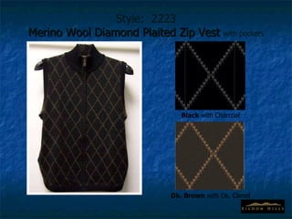 Style:  2223 Merino Wool Diamond Plaited Zip Vest  with pockets Black  with Charcoal Dk. Brown  with Dk. Camel 