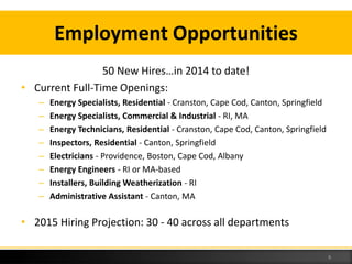 Employment Opportunities
50 New Hires…in ϮϬϭ4 to date!
• Current Full-Time Openings:
– Energy Specialists, Residential - Cranston, Cape Cod, Canton, Springfield
– Energy Specialists, Commercial & Industrial - RI, MA
– Energy Technicians, Residential - Cranston, Cape Cod, Canton, Springfield
– Inspectors, Residential - Canton, Springfield
– Electricians - Providence, Boston, Cape Cod, Albany
– Energy Engineers - RI or MA-based
– Installers, Building Weatherization - RI
– Administrative Assistant - Canton, MA
• 2015 Hiring Projection: 30 - 40 across all departments
6