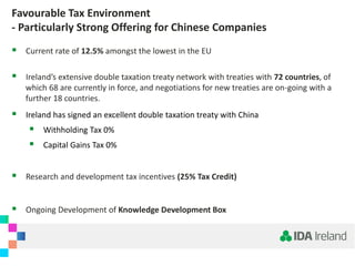 Favourable Tax Environment
- Particularly Strong Offering for Chinese Companies
 Current rate of 12.5% amongst the lowest in the EU
 Ireland’s extensive double taxation treaty network with treaties with 72 countries, of
which 68 are currently in force, and negotiations for new treaties are on-going with a
further 18 countries.
 Ireland has signed an excellent double taxation treaty with China
 Withholding Tax 0%
 Capital Gains Tax 0%
 Research and development tax incentives (25% Tax Credit)
 Ongoing Development of Knowledge Development Box
 
