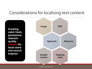 Considerations for localising text content
SEOScope
Approach Resource
Ongoing
work
Quality
control
E-VORSPRUNG CONSULTING
...