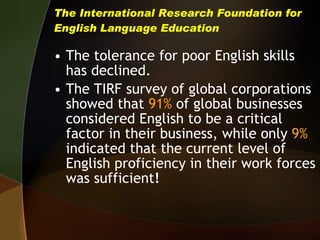 The International Research Foundation for English Language Education The tolerance for poor English skills has declined.  The TIRF survey of global corporations showed that  91%  of global businesses considered English to be a critical factor in their business, while only  9%  indicated that the current level of English proficiency in their work forces was sufficient ! 