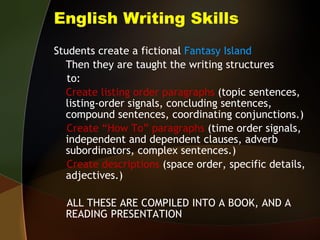 English Writing Skills Students create a fictional  Fantasy Island Then they are taught the writing structures to: Create listing order paragraphs  (topic sentences, listing-order signals, concluding sentences, compound sentences, coordinating conjunctions.) Create “How To” paragraphs  (time order signals, independent and dependent clauses, adverb subordinators, complex sentences.) Create descriptions  (space order, specific details, adjectives.) ALL THESE ARE COMPILED INTO A BOOK, AND A READING PRESENTATION 