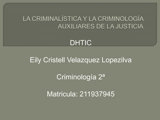 DHTIC

Eily Cristell Velazquez Lopezilva

        Criminología 2ª

     Matricula: 211937945
 