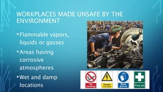 WORKPLACES MADE UNSAFE BY THE
ENVIRONMENT
•Flammable vapors,
liquids or gasses
•Areas having
corrosive
atmospheres
•Wet and damp
locations
 