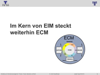 © PROJECT CONSULT Unternehmensberatung Dr. Ulrich Kampffmeyer GmbH 2011

/ Autorenrecht: <Vorname Nachname> Jan-14 / Quelle: PROJECT CONSULT 3

Im Kern von EIM steckt
weiterhin ECM
ECM
MANAGE
Collab
DM

STORE
STORE

CAPTURE

WCM

DELIVER

WF/
BPM
RM

PRESERVE

Aktuelles zum Informationsmanagement: Themen, Trends, Standards und Recht

Dr. Ulrich Kampffmeyer

Update-Tage EIM 2014

16

 
