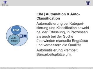 © PROJECT CONSULT Unternehmensberatung Dr. Ulrich Kampffmeyer GmbH 2011

ECM
Automation

EIM

Aktuelles zum Informationsmanagement: Themen, Trends, Standards und Recht

/ Autorenrecht: <Vorname Nachname> Jan-14 / Quelle: PROJECT CONSULT 2

EIM | Automation & AutoClassification
Automatisierung bei Kategorisierung und Klassifkation sowohl
bei der Erfassung, in Prozessen
als auch bei der Suche
überwinden manuelle Engpässe
und verbessern die Qualität.
Automatisierung krempelt
Büroarbeitsplätze um.

Dr. Ulrich Kampffmeyer

Update-Tage EIM 2014

24

 