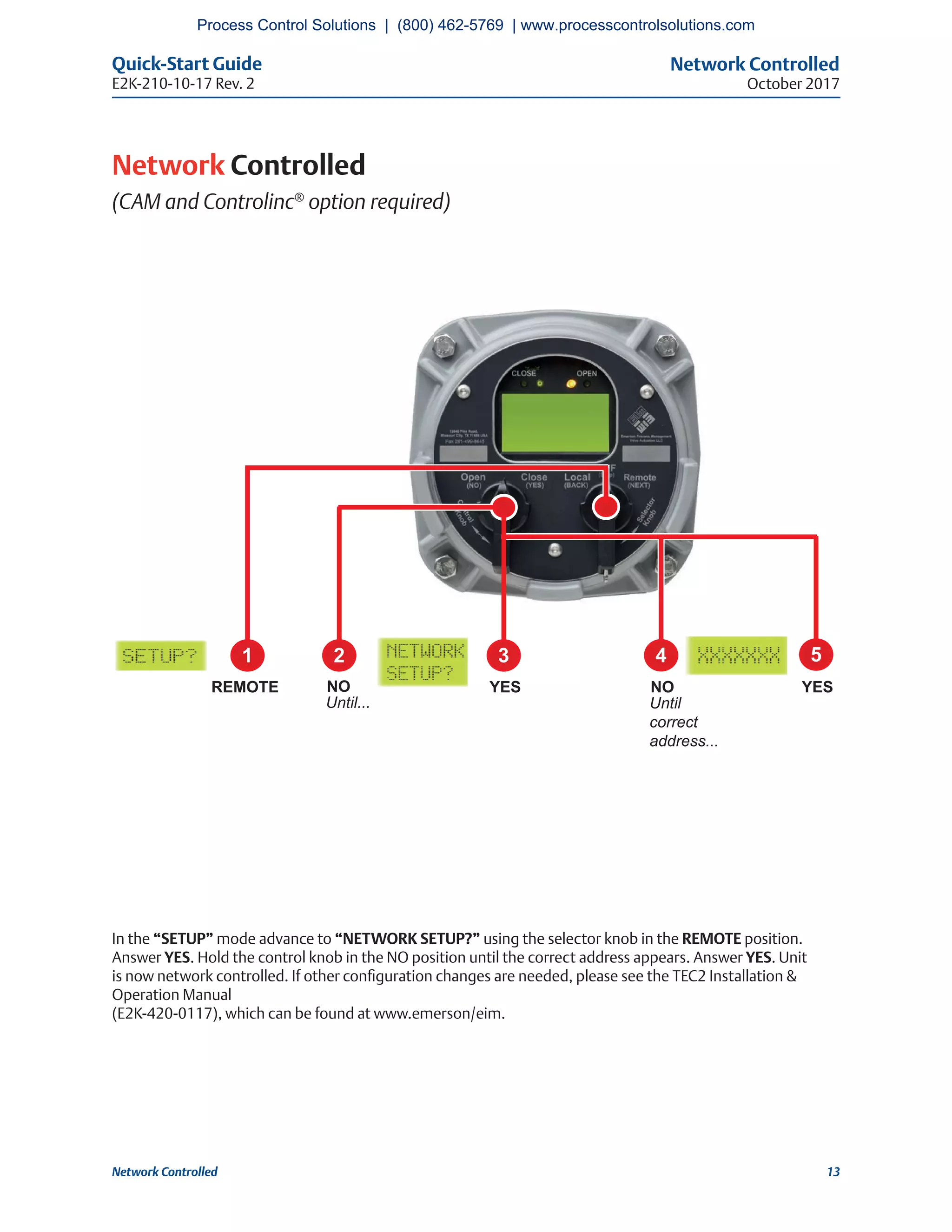 Network Controlled
October 2017
Quick-Start Guide
E2K-210-10-17 Rev. 2
13Network Controlled
Network Controlled
(CAM and Controlinc®
option required)
In the “SETUP” mode advance to “NETWORK SETUP?” using the selector knob in the REMOTE position.
Answer YES. Hold the control knob in the NO position until the correct address appears. Answer YES. Unit
is now network controlled. If other configuration changes are needed, please see the TEC2 Installation &
Operation Manual
(E2K-420-0117), which can be found at www.emerson/eim.
2 3 4
YESNO
Until...
1
REMOTE
5
NO
Until
correct
address...
YES
Process Control Solutions | (800) 462-5769 | www.processcontrolsolutions.com
 