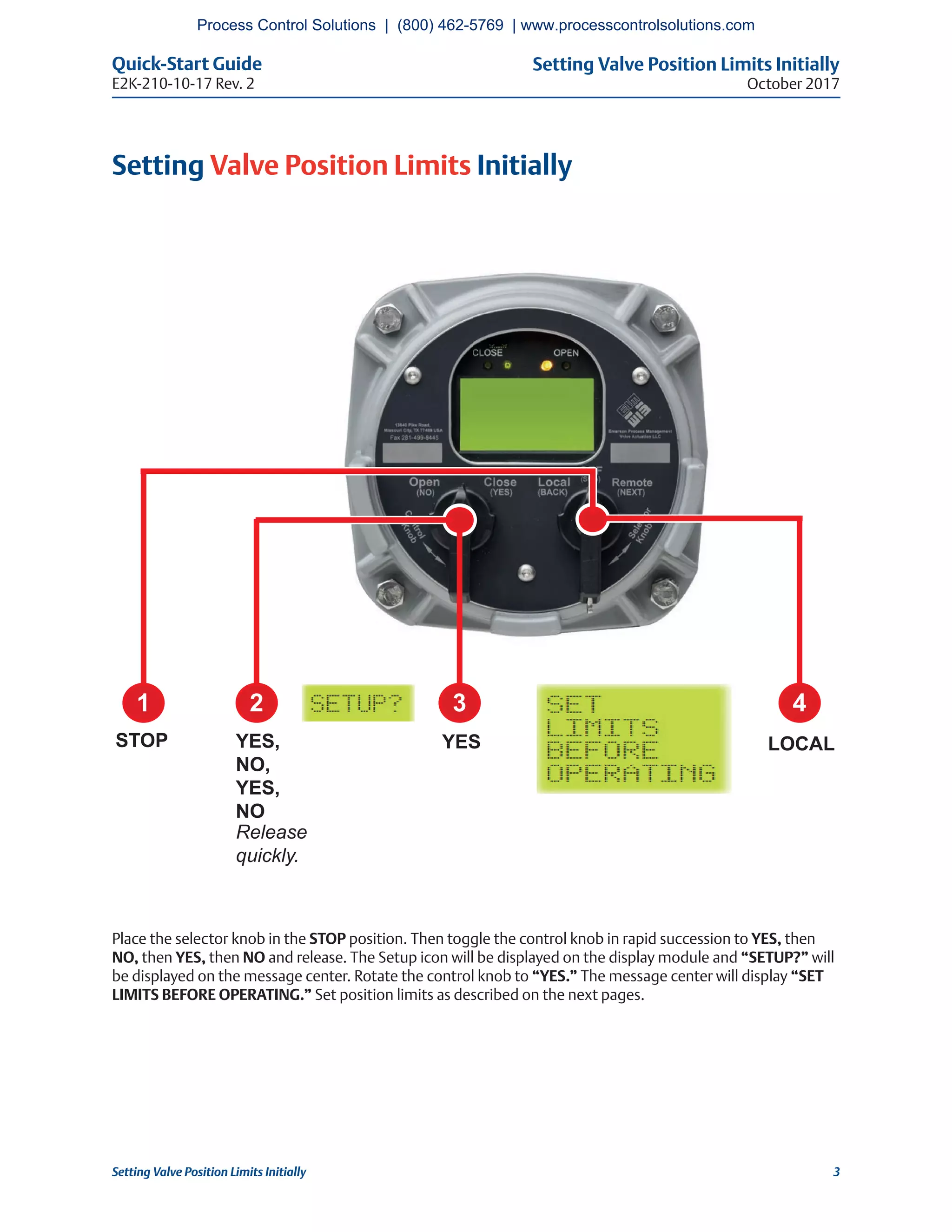 Setting Valve Position Limits Initially
October 2017
Quick-Start Guide
E2K-210-10-17 Rev. 2
3Setting Valve Position Limits Initially
Setting Valve Position Limits Initially
2 3 4
YES LOCALYES,
NO,
YES,
NO
Release
quickly.
1
STOP
Place the selector knob in the STOP position. Then toggle the control knob in rapid succession to YES, then
NO, then YES, then NO and release. The Setup icon will be displayed on the display module and “SETUP?” will
be displayed on the message center. Rotate the control knob to “YES.” The message center will display “SET
LIMITS BEFORE OPERATING.” Set position limits as described on the next pages.
Process Control Solutions | (800) 462-5769 | www.processcontrolsolutions.com
 