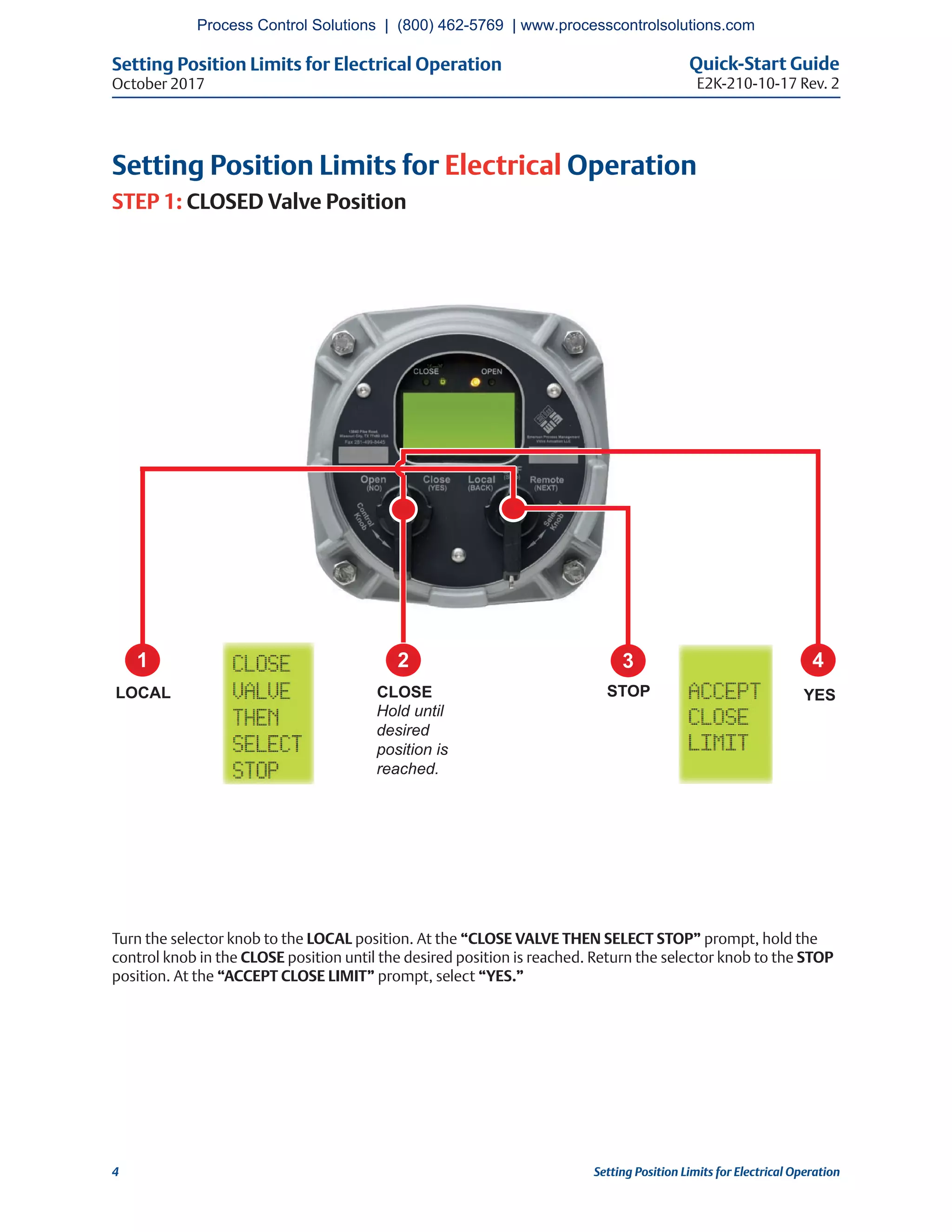Setting Position Limits for Electrical Operation Quick-Start Guide
E2K-210-10-17 Rev. 2October 2017
4 Setting Position Limits for Electrical Operation
Setting Position Limits for Electrical Operation
STEP 1: CLOSED Valve Position
2 3 4
YESLOCAL CLOSE
Hold until
desired
position is
reached.
1
STOP
Turn the selector knob to the LOCAL position. At the “CLOSE VALVE THEN SELECT STOP” prompt, hold the
control knob in the CLOSE position until the desired position is reached. Return the selector knob to the STOP
position. At the “ACCEPT CLOSE LIMIT” prompt, select “YES.”
Process Control Solutions | (800) 462-5769 | www.processcontrolsolutions.com
 