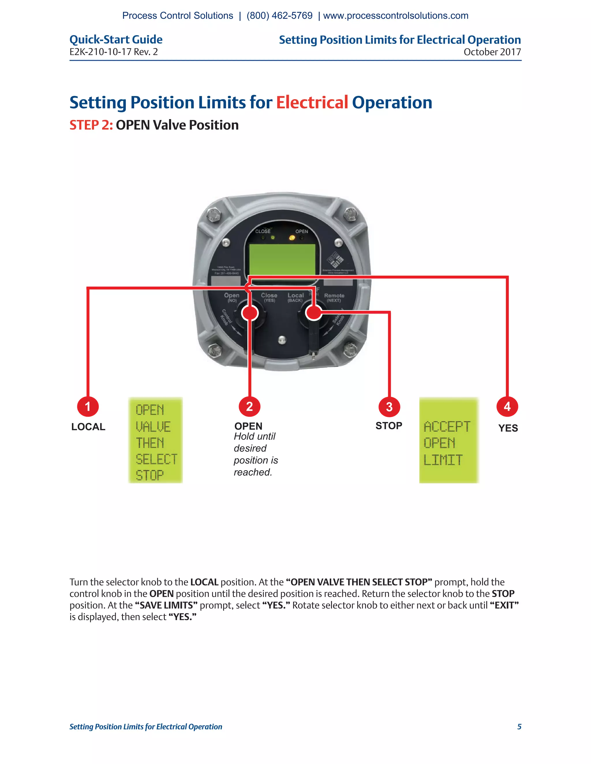 Setting Position Limits for Electrical Operation
October 2017
Quick-Start Guide
E2K-210-10-17 Rev. 2
5Setting Position Limits for Electrical Operation
Setting Position Limits for Electrical Operation
STEP 2: OPEN Valve Position
Turn the selector knob to the LOCAL position. At the “OPEN VALVE THEN SELECT STOP” prompt, hold the
control knob in the OPEN position until the desired position is reached. Return the selector knob to the STOP
position. At the “SAVE LIMITS” prompt, select “YES.” Rotate selector knob to either next or back until “EXIT”
is displayed, then select “YES.”
2 3 4
YESLOCAL OPEN
Hold until
desired
position is
reached.
1
STOP
Process Control Solutions | (800) 462-5769 | www.processcontrolsolutions.com
 
