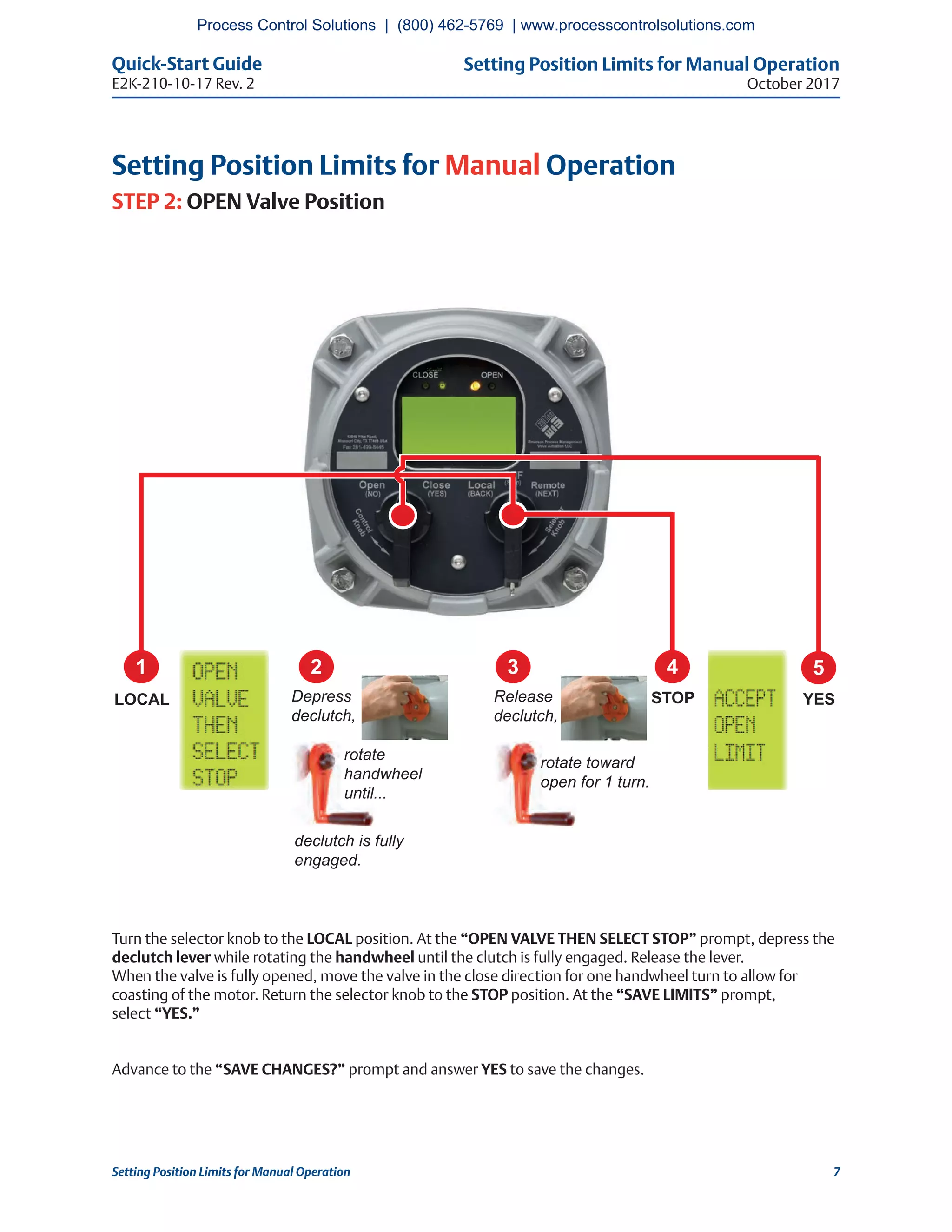 Setting Position Limits for Manual Operation
October 2017
Quick-Start Guide
E2K-210-10-17 Rev. 2
7Setting Position Limits for Manual Operation
Setting Position Limits for Manual Operation
STEP 2: OPEN Valve Position
Turn the selector knob to the LOCAL position. At the “OPEN VALVE THEN SELECT STOP” prompt, depress the
declutch lever while rotating the handwheel until the clutch is fully engaged. Release the lever.
When the valve is fully opened, move the valve in the close direction for one handwheel turn to allow for
coasting of the motor. Return the selector knob to the STOP position. At the “SAVE LIMITS” prompt,
select “YES.”
Advance to the “SAVE CHANGES?” prompt and answer YES to save the changes.
2 3 4
YESLOCAL
1
STOP
5
Depress
declutch,
rotate
handwheel
until...
declutch is fully
engaged.
Release
declutch,
rotate toward
open for 1 turn.
Process Control Solutions | (800) 462-5769 | www.processcontrolsolutions.com
 