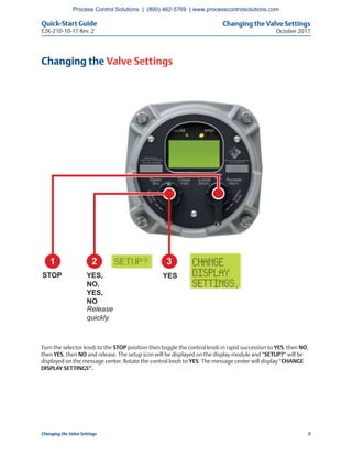 Changing the Valve Settings
October 2017
Quick-Start Guide
E2K-210-10-17 Rev. 2
9Changing the Valve Settings
Changing the Valve Settings
Turn the selector knob to the STOP position then toggle the control knob in rapid succession to YES, then NO,
then YES, then NO and release. The setup icon will be displayed on the display module and “SETUP?“ will be
displayed on the message center. Rotate the control knob to YES. The message center will display “CHANGE
DISPLAY SETTINGS”.
2 3
YESYES,
NO,
YES,
NO
Release
quickly.
1
STOP
Process Control Solutions | (800) 462-5769 | www.processcontrolsolutions.com
 