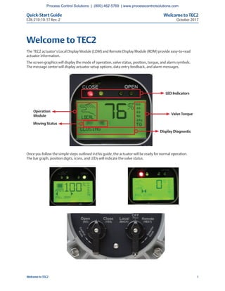 Welcome to TEC2
October 2017
Quick-Start Guide
E2K-210-10-17 Rev. 2
1Welcome to TEC2
Welcome to TEC2
The TEC2 actuator’s Local Display Module (LDM) and Remote Display Module (RDM) provide easy-to-read
actuator information.
The screen graphics will display the mode of operation, valve status, position, torque, and alarm symbols.
The message center will display actuator setup options, data entry feedback, and alarm messages.
Once you follow the simple steps outlined in this guide, the actuator will be ready for normal operation.
The bar graph, position digits, icons, and LEDs will indicate the valve status.	
LED Indicators
Valve Torque
Display Diagnostic
Operation
Module
Moving Status
Process Control Solutions | (800) 462-5769 | www.processcontrolsolutions.com
 