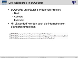 208
© PROJECT CONSULT Unternehmensberatung Dr. Ulrich Kampffmeyer GmbH 2011 / Autorenrecht: <Vorname Nachname> Jun-15 / Quelle: PROJECT CONSULT 2
Aktuelles zum Informationsmanagement: Themen, Trends, Standards und Recht EIM Update 2015Dr. Ulrich Kampffmeyer
Drei Standards in ZUGFeRD
• ZUGFeRD unterstützt 3 Typen von Profilen:
• Basic
• Comfort
• Extended
• Mit „Extended“ werden auch die internationalen
Standards unterstützt
 