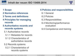 215
© PROJECT CONSULT Unternehmensberatung Dr. Ulrich Kampffmeyer GmbH 2011 / Autorenrecht: <Vorname Nachname> Jun-15 / Quelle: PROJECT CONSULT 2
Aktuelles zum Informationsmanagement: Themen, Trends, Standards und Recht EIM Update 2015Dr. Ulrich Kampffmeyer
Inhalt der neuen ISO 15489:2014
1 Scope
2 Normative references
3 Terms and definitions
4 Principles for managing
records
5 Authoritative records and
records systems
5.1 Authoritative records
5.1.1 Metadata for records
5.1.2 Characteristics of
authoritative records
5.2 Records systems
5.2.1 Characteristics of
records systems
6 Policies and responsibilities
6.1 General
6.2 Policies
6.3 Responsibilities
6.4 Monitoring/performance
evaluation
6.5 Competence and training
 