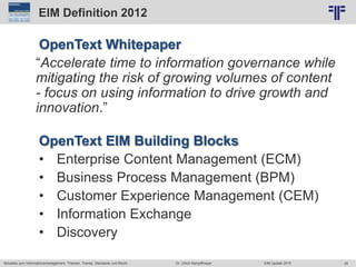 25
© PROJECT CONSULT Unternehmensberatung Dr. Ulrich Kampffmeyer GmbH 2011 / Autorenrecht: <Vorname Nachname> Jun-15 / Quelle: PROJECT CONSULT 2
Aktuelles zum Informationsmanagement: Themen, Trends, Standards und Recht EIM Update 2015Dr. Ulrich Kampffmeyer
EIM Definition 2012
OpenText Whitepaper
“Accelerate time to information governance while
mitigating the risk of growing volumes of content
- focus on using information to drive growth and
innovation.”
OpenText EIM Building Blocks
• Enterprise Content Management (ECM)
• Business Process Management (BPM)
• Customer Experience Management (CEM)
• Information Exchange
• Discovery
 